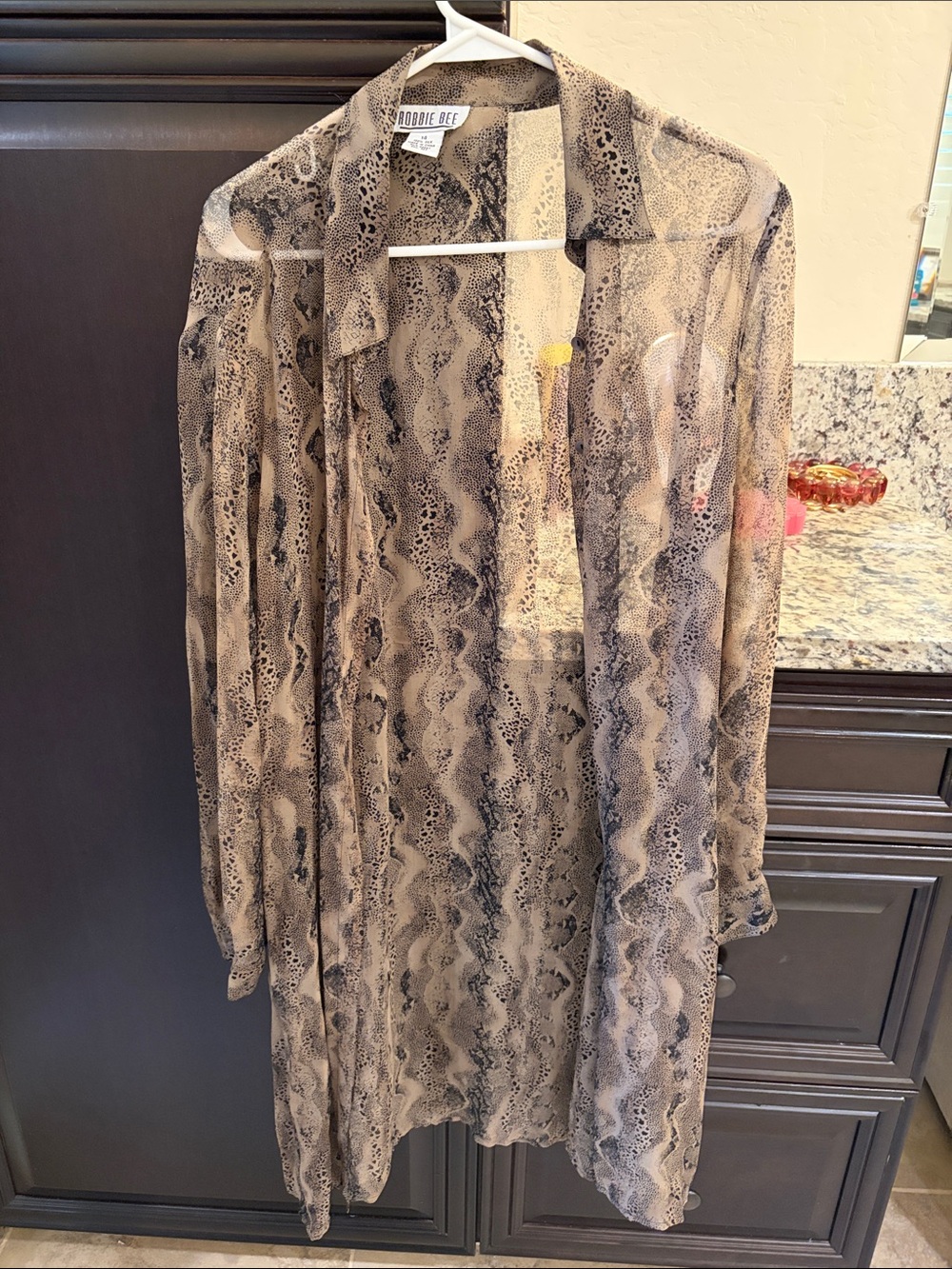 Robbie Bee Sheer Snake-Print Longline Cape in Beige and Black